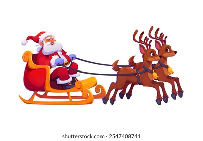 Cartoon Santa Claus rides a festive sleigh pulled by two reindeer, spreading holiday cheer on his Christmas eve journey. Isolated vector cheerful Noel character captures the magic, joy and tradition