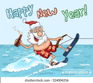 Cartoon Santa Claus  rides on the sea surface on  water skis. New Year's greeting card from warm seas