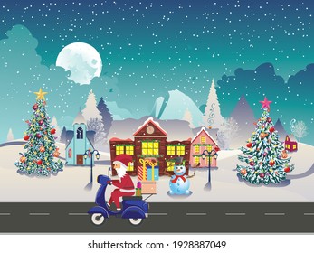 Cartoon Santa Claus rides scooter with gifts on night winter town.