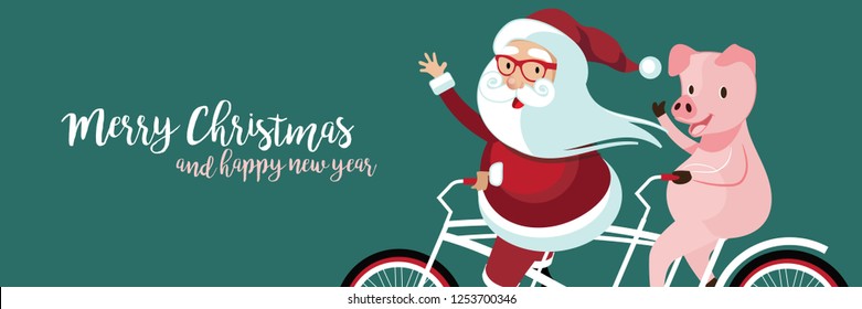 Cartoon Santa Claus riding his bicycle with his Pig for Christmas and Chinese New Year. EPS10 vector illustration.