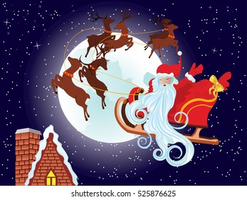 Cartoon Santa Claus riding his sleigh at the Christmas night.