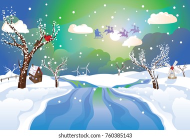 Cartoon Santa Claus riding his sleigh at the Christmas night.