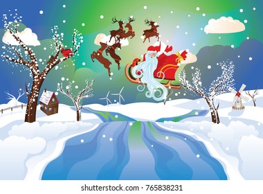 Cartoon Santa Claus riding his sleigh at the Christmas night.