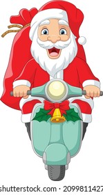 Cartoon santa claus riding a motor scooter with red sack