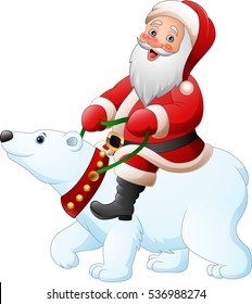 Cartoon Santa Claus riding polar bear 