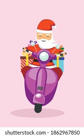 Cartoon Santa Claus riding scooter with gift boxes.