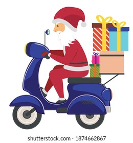 Cartoon Santa Claus riding scooter with gift boxes.