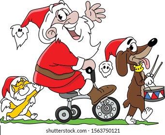 Cartoon Santa Claus riding a tricycle together with his cat and his dog vector illustration