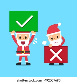 Cartoon santa claus with right and wrong signs