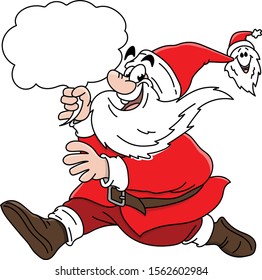 Cartoon Santa Claus running with a speech bubble in his hands vector illustration
