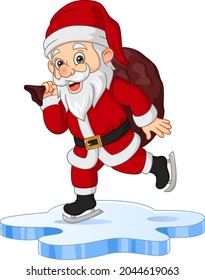 Cartoon santa claus with sack playing ice skating