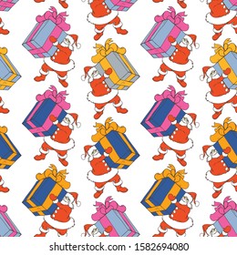 Cartoon Santa Claus seamless pattern. Santa Claus holding a huge gift box