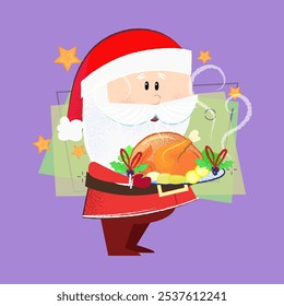 Cartoon Santa Claus serving festive dinner. Christmas menu concept. Vector illustration can be used for banner design, festive posters, flyers, party or dinner invitations