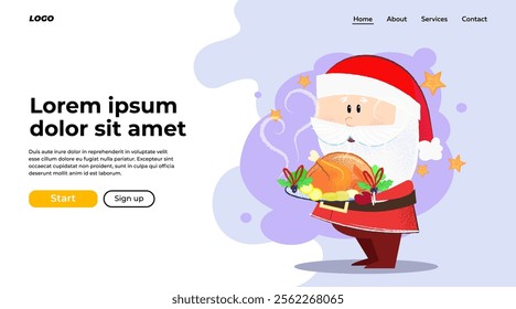 Cartoon Santa Claus serving festive dinner. Christmas menu concept. Vector illustration can be used for web banner or landing page design