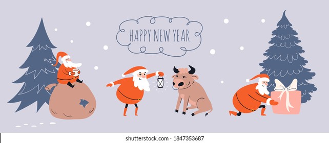Cartoon Santa Claus set. Adventures with Santa. Christmas illustrations from the life of Santa with a gift, a bull, a cup of drink. Vector stock illustration.