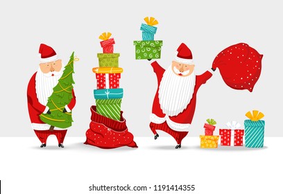 Cartoon Santa Claus set. Funny happy Santa character with christmas tree, pile of gifts, bag with presents, glad, waving and greeting. For new year invitation, cards, banners, tags and labels