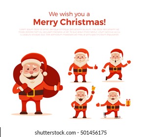 Cartoon Santa Claus Set for Your Christmas and New Year greeting Design or Animation. Vector isolated  illustration of Santa Claus different poses and different emotions in colorful flat style