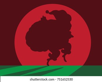 Cartoon Santa Claus shadow sneaking in the spotlight to deliver Christmas gifts. EPS 10 vector.