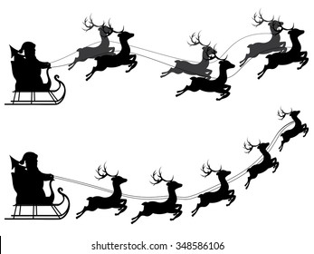 Cartoon Santa Claus silhouette riding a sleigh with stylized deers.