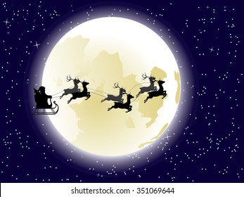 Cartoon Santa Claus silhouette riding a sleigh with stylized deers in front of the full moon.