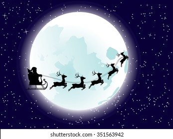 Cartoon Santa Claus silhouette riding a sleigh with stylized deers in front of the full moon.