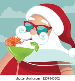 Cartoon Santa Claus sipping a margarita in the tropics. Eps10 vector illustration.