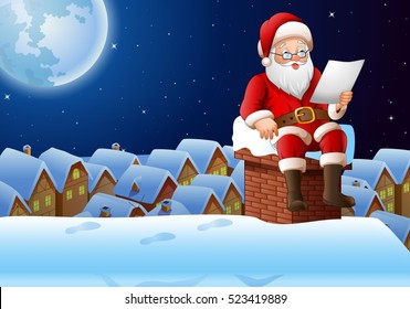 Cartoon Santa Claus sitting at chimney and reading a letter