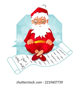 Cartoon Santa Claus sitting in a lotus pose with a list of gifts. Winter mascot, character isolated on background with Christmas trees and snowflakes. New Year vector for calendars, seasons postcards.