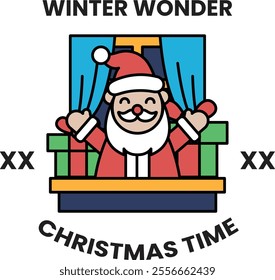 A cartoon of Santa Claus sitting on a Christmas tree. The image is titled Winter Wonder Christmas Time