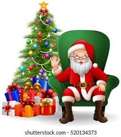 Cartoon Santa Claus sitting on green arm chair