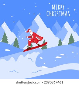 Cartoon Santa Claus At Skateboard On Blue Snow Landscape Background For Merry Christmas Celebration.