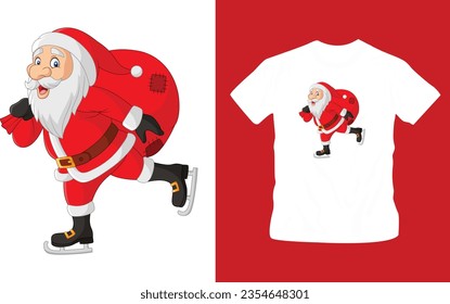 cartoon santa claus skater carrying a bag of gifts vector illustration t-shirt design editable template