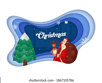 Cartoon Santa Claus Sleeping with a Heavy Sack, Reindeer, Snowflakes and Xmas Tree on Paper Layer Cut Background for Merry Christmas.