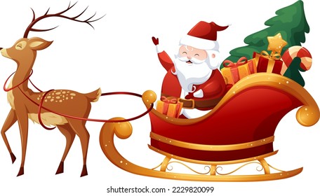 Cartoon Santa Claus sleigh with gifts and reindeer in harness on transparent background