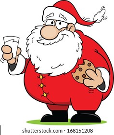 Cartoon Santa Claus snacking on some cookies and milk.