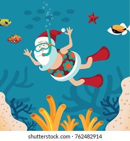 Cartoon Santa Claus snorkeling in a tropical sea. Christmas in July, in warm climates, Santa Claus on vacation after Christmas, Boxing Day. Santa in retirement. EPS 10 vector illustration.