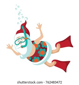 Cartoon Santa Claus snorkeling in a tropical sea. Christmas in July, in warm climates, Santa Claus on vacation after Christmas, Boxing Day. Santa in retirement. EPS 10 vector illustration.