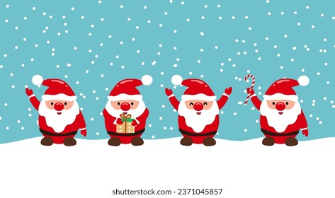 Cartoon Santa Claus with snow background and gift boxes