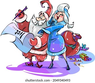 Cartoon Santa Claus and the snow maiden read the list. Grandfather Frost and Snow Maiden on a white background. Funny New Year characters.