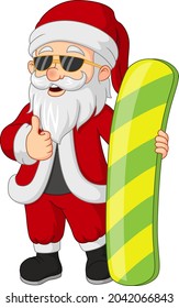 Cartoon santa claus with snowboard giving thumb up