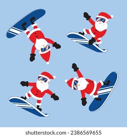 Cartoon Santa Claus snowboarding in ski goggles . Christmas set Vector illustration.