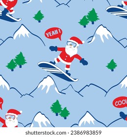 Cartoon Santa Claus snowboarding in ski goggles on mountains blue background. Christmas seamless pattern. Vector illustration.