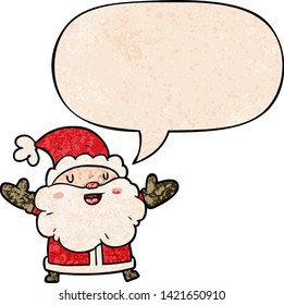 cartoon santa claus with speech bubble in retro texture style