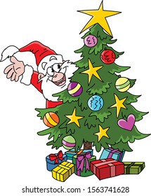 Cartoon Santa Claus standing behind a decorated Christmas tree waving his hand smiling vector illustration