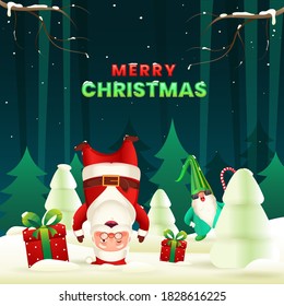 Cartoon Santa Claus Standing Upside Down with His Head, Gnome Character, Gift Boxes and Snowy Xmas Tree on Green Background for Merry Christmas Celebration.