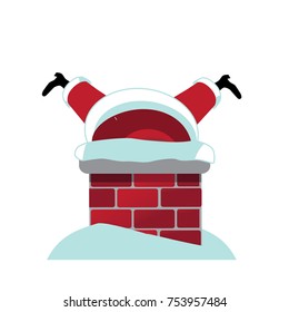 Cartoon Santa Claus stuck upside down in the chimney while delivering gifts. EPS 10 vector.