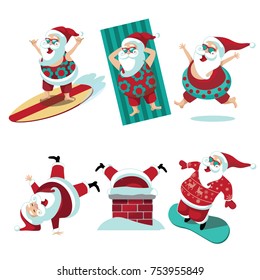 Cartoon Santa Claus summer and winter collection. EPS 10 vector.