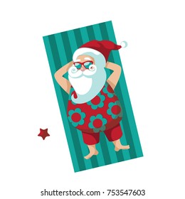 Cartoon Santa Claus sunbathing on his beach towel in warm climate. EPS 10 vector.