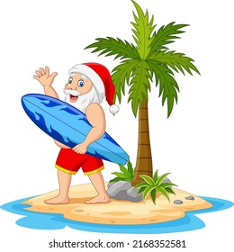 Caricatura santa claus con tablas de surf en la isla tropical