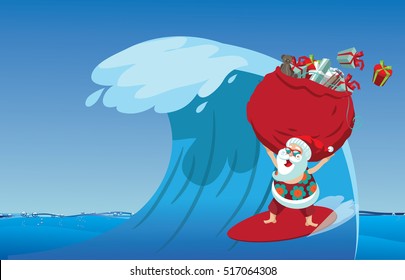 Cartoon Santa Claus surfing a gnarly wave while delivering Christmas gifts. Background with copy space for tropical Christmas or after Christmas. EPS 10 vector.